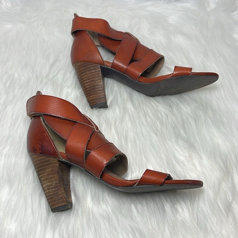 Farylrobin Cognac Leather Strappy Stacked Heel Shoes Sz 7